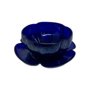 Vintage Ruffled Art Glass Bowl & Saucer Beautiful Iridescent Cobalt Blue